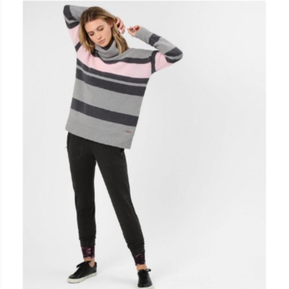 Sweaty Betty Pink and Gray Striped Cowl Neck Sweater